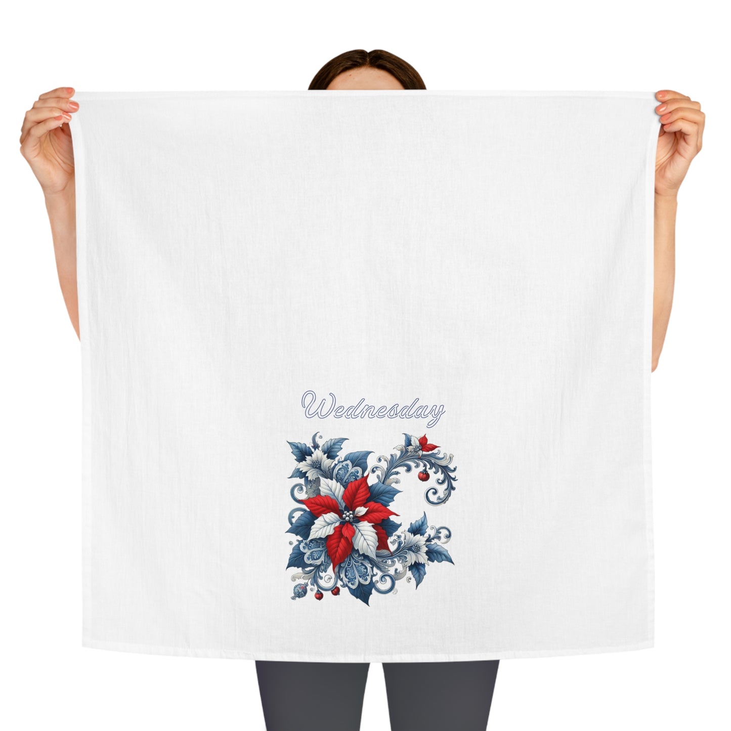 Wednesday - Blue, White, Red Chinoiserie Chique Poinsettia Tea Towel