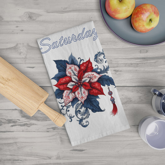 Saturday - Blue, White, Red Chinoiserie Chique Poinsettia Tea Towel