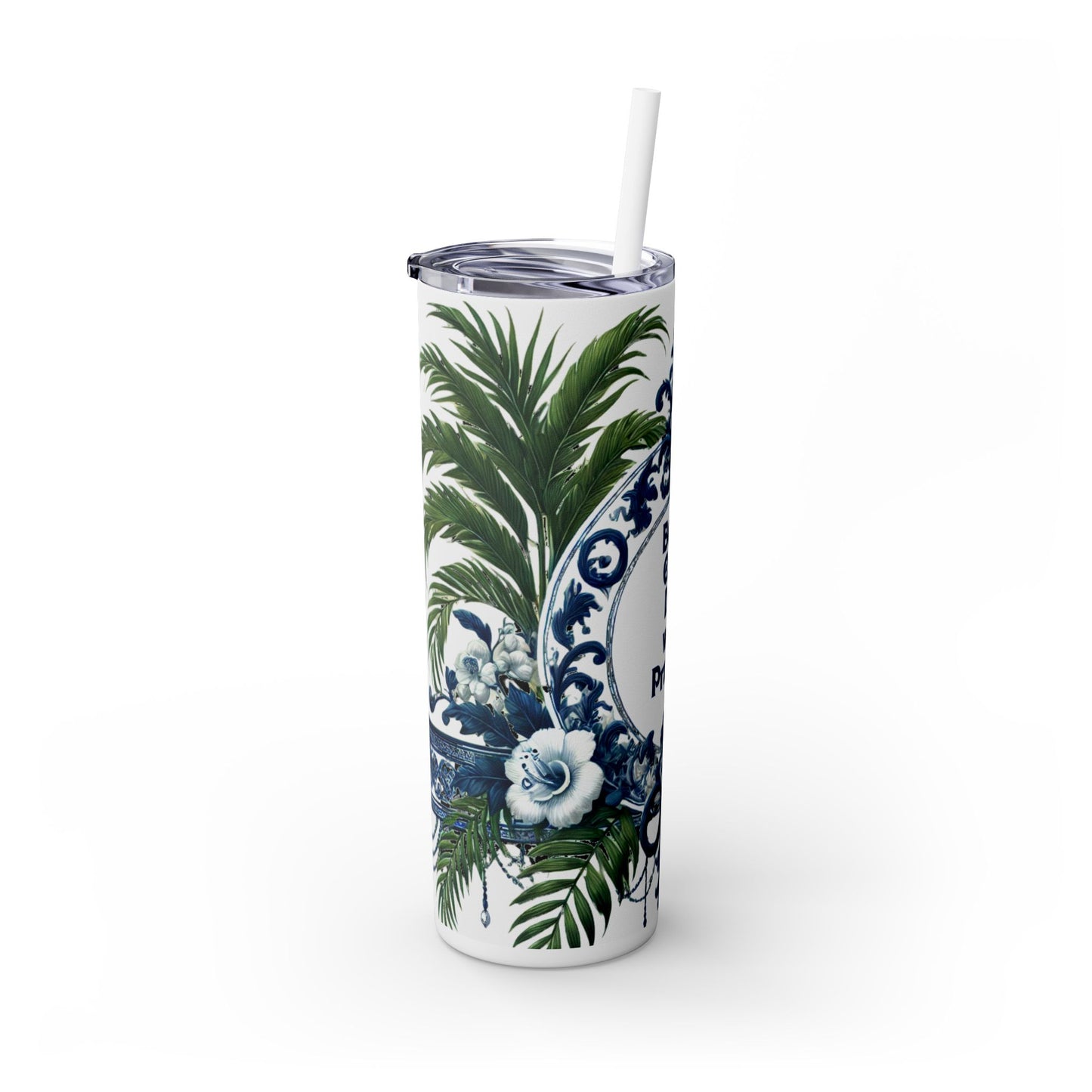 PRAYERS Message - Skinny Tumbler - Chinoiserie Chique Blue White Design, 20oz