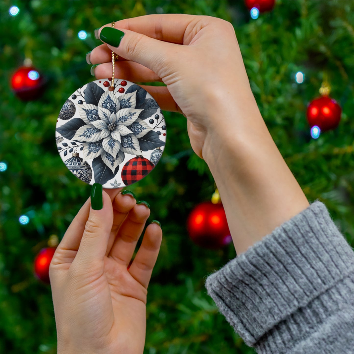 Blue White Buffalo Plaid Style5 Chinoiserie Chique Ceramic Ornament, 3 shapes available