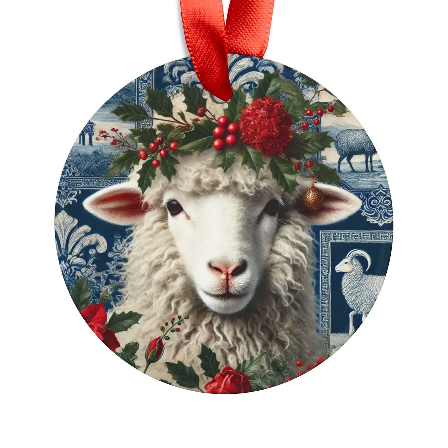 Blue White Sheep Print Chinoiserie Chique Acrylic Ornament