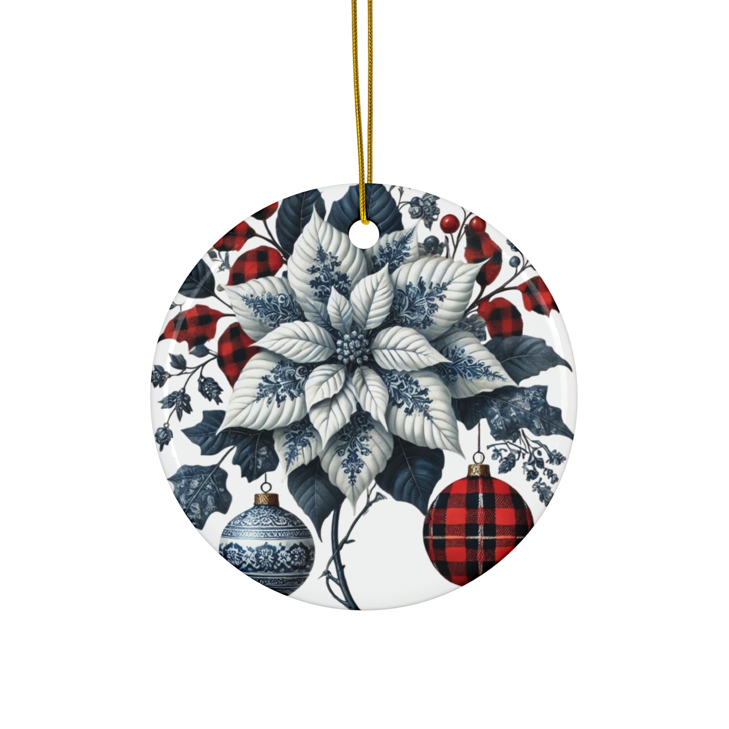 Blue White Buffalo Plaid Style3 Chinoiserie Chique Ceramic Ornament, 3 shapes available