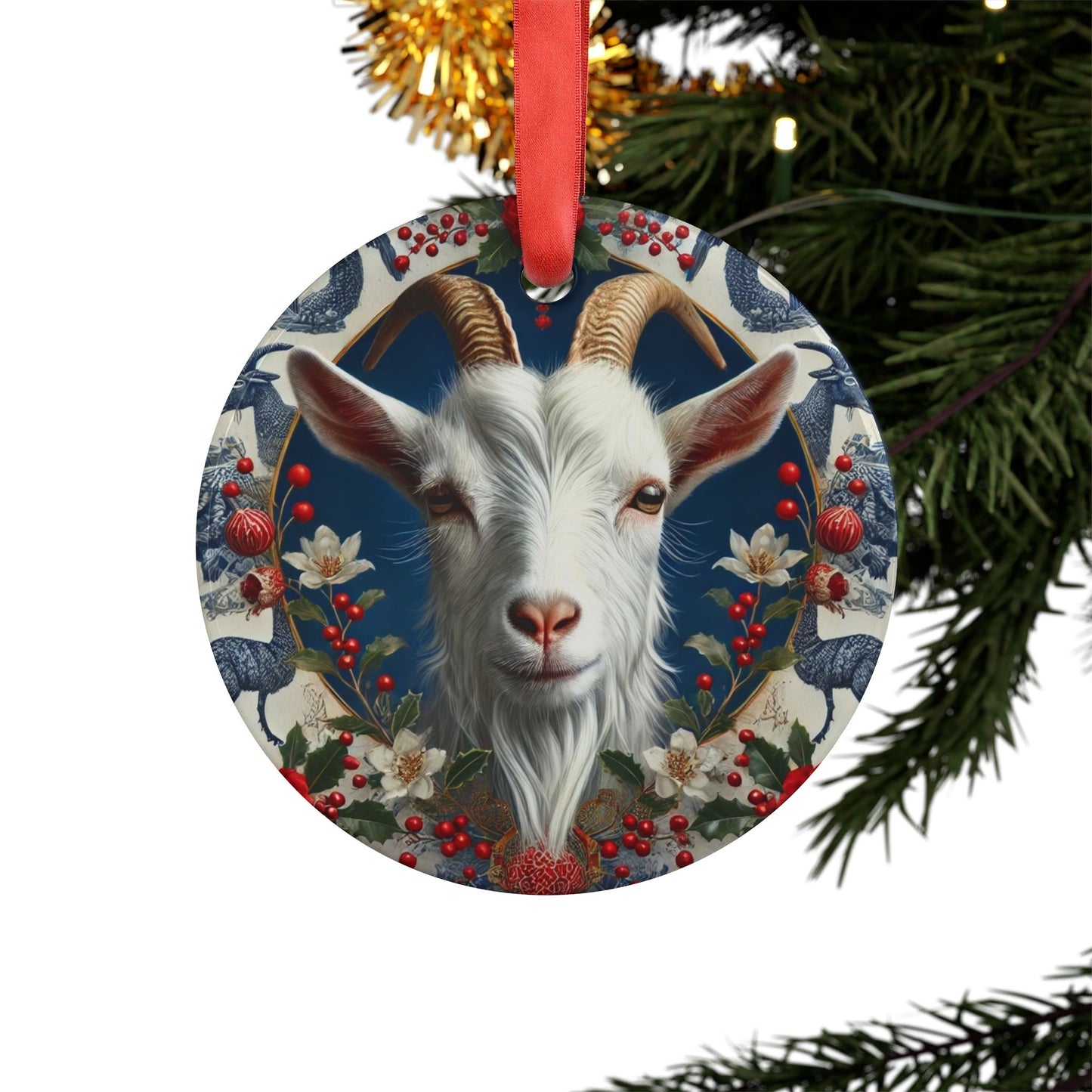 Blue White Goat Print Chinoiserie Chique Acrylic Ornament