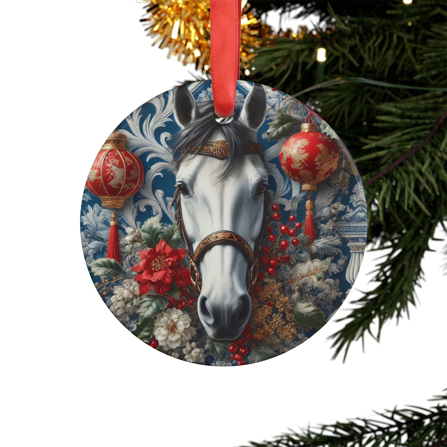 Blue White Horse Print Chinoiserie Chique Acrylic Ornament