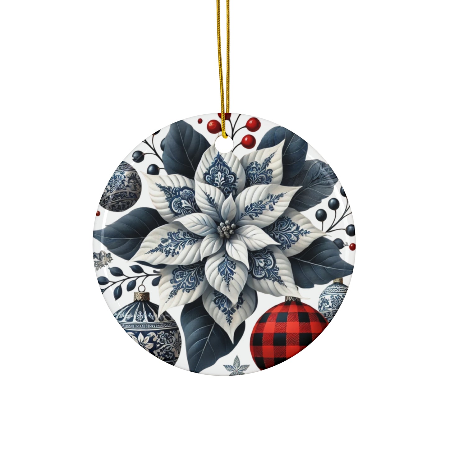 Blue White Buffalo Plaid Style5 Chinoiserie Chique Ceramic Ornament, 3 shapes available