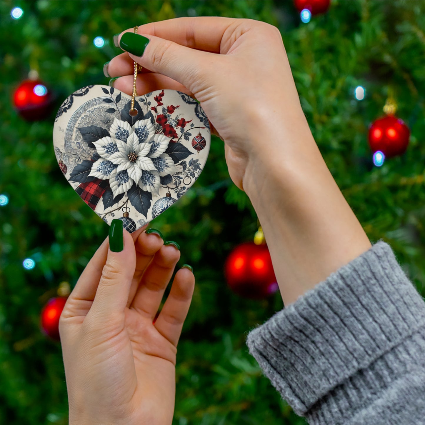 Blue White Buffalo Plaid Style4 Chinoiserie Chique Ceramic Ornament, 3 shapes available