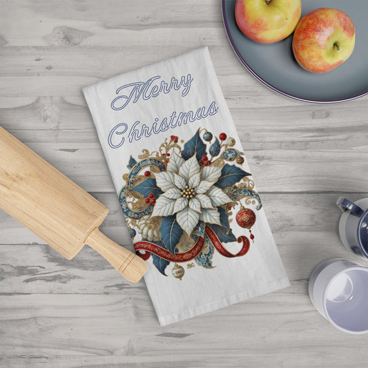 Merry Christmas - Chinoiserie Chique Blue, White, Red Poinsettia Tea Towel