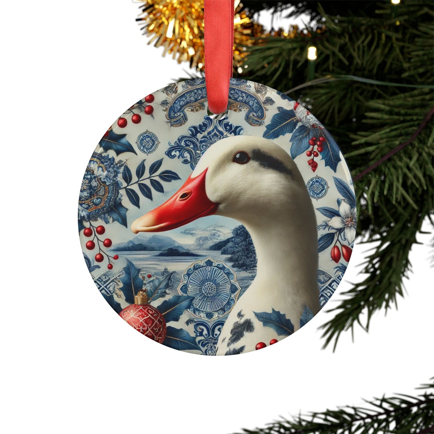 Blue White Duck Print Chinoiserie Chique Acrylic Ornament