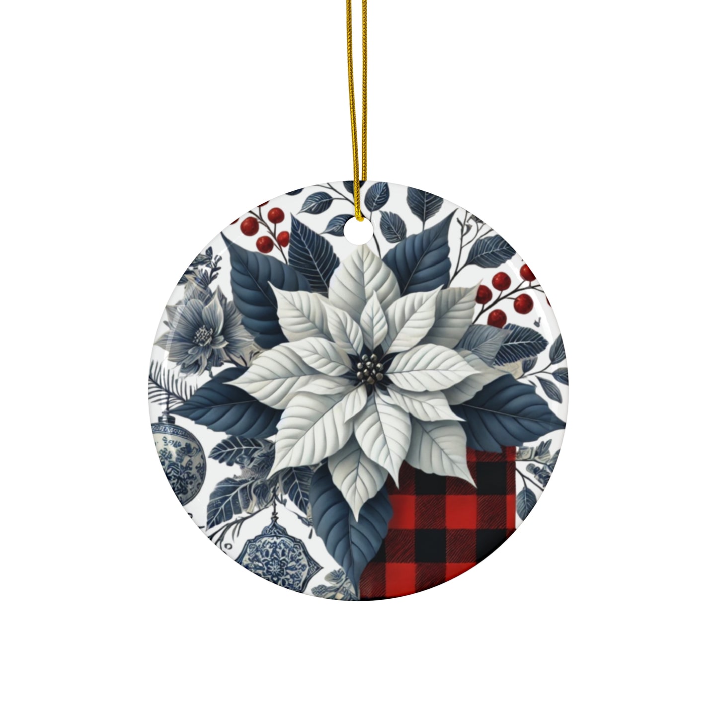 Blue White Buffalo Plaid Style1 Chinoiserie Chique Ceramic Ornament, 3 shapes available