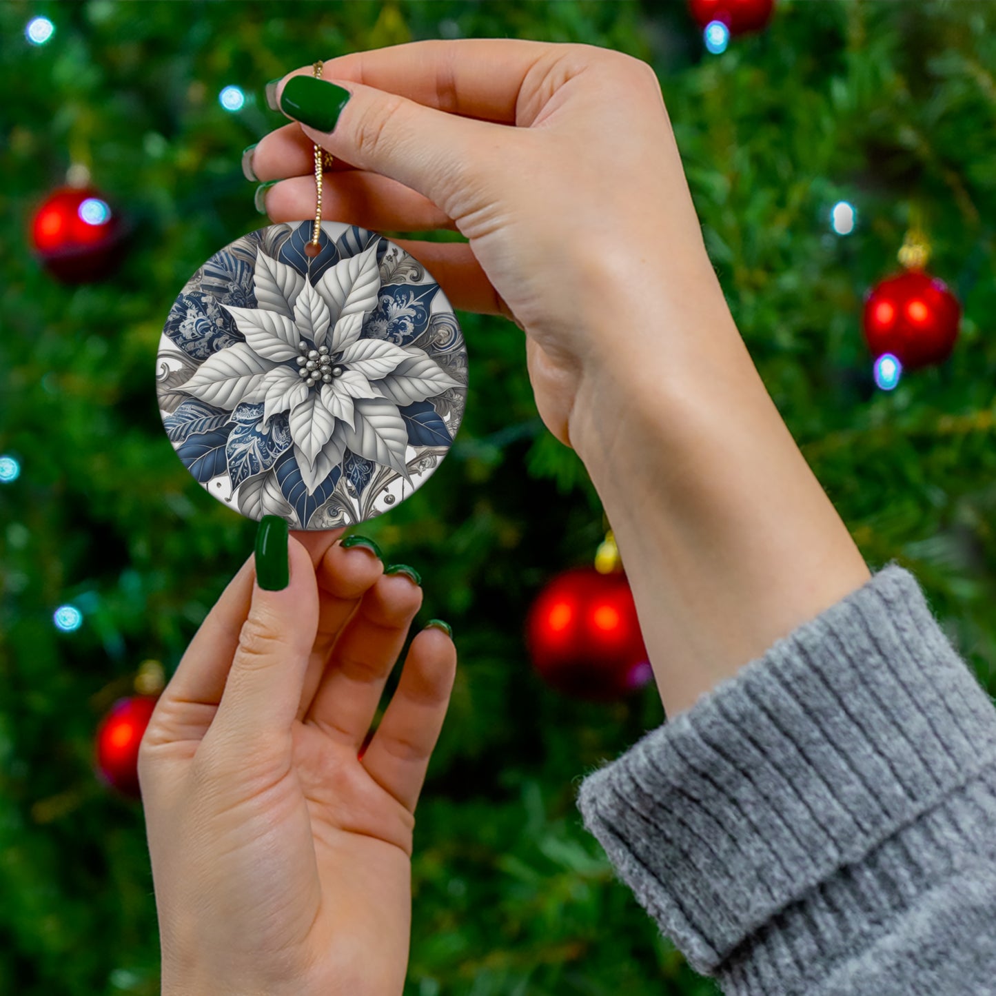 Blue White Silver Style1 Chinoiserie Chique Ceramic Ornament, 3 shapes available