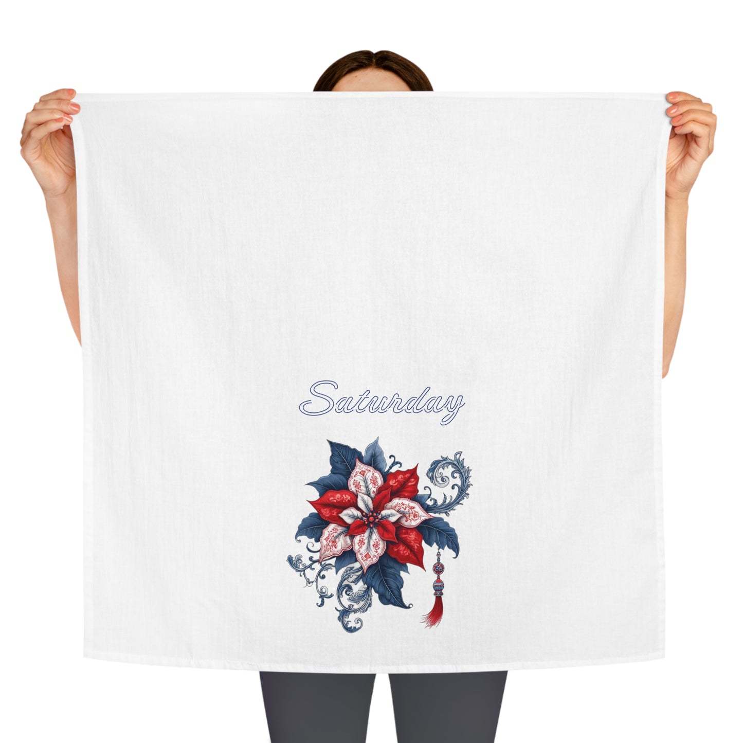 Saturday - Blue, White, Red Chinoiserie Chique Poinsettia Tea Towel